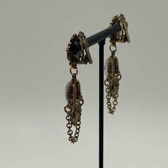 Vintage Gold Tone Drop Earrings Lavender Cabochons & Chain Dangles Elegant Retro - Picture 8 of 15